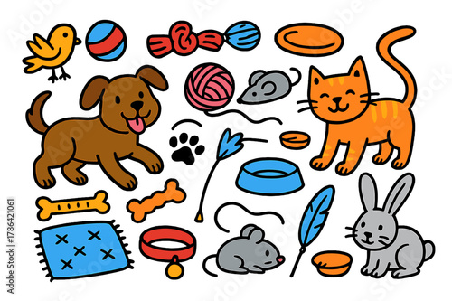 Playful Pet Doodle. playful companions. Colorful Hand-drawn doodle Children illustration playful companions dog, cat, ball, chew toy, yarn, mouse toy, frisbee,
