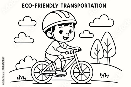 Bicycle Coloring Fun. Eco-friendly transportation children?s coloring book illustration, outlined drawing, an illustration of a child riding a bicycle,