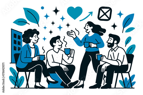Tea Break Bliss. Digital detox for employees. Group enjoying tea break outside office with abstract floating leaves, icons, and sparkles; conveys relaxation,