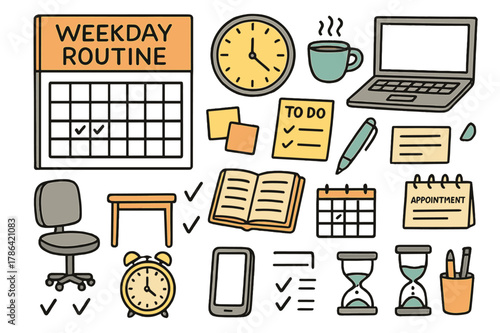 Colorful Daily Essentials. Weekday routine. Hand-drawn doodle illustration calendar page (colored), clock (colored), coffee cup (colored), laptop (colored),