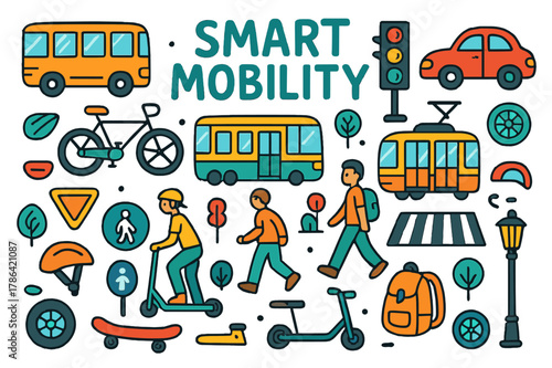 Smart Mobility Doodles. smart mobility. Colorful Hand-drawn doodle Children illustration smart mobility bus, bicycle, scooter, pedestrian, car, traffic light,