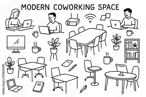 Modern Coworking Doodle. Modern Coworking Spaces. Hand-drawn doodle illustration Modern Coworking Spaces desks, laptops, chairs, coffee cups, plants, people