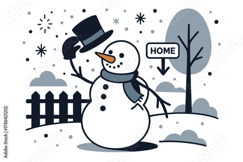 Snowman Minimalism. Snowman ? Minimal Yard. Clean fence lines and a single tree; the snowman tips a hat as flakes drift like confetti. A subtle arrow points to