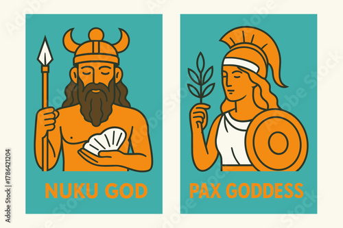 Mythical Gods Banners. Mythology. Two vertical A6 banners with safe margins, centered composition, no elements touching edges, flat vector design, turquoise
