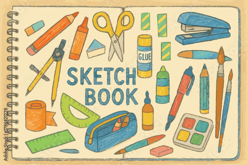 Colorful Art Supplies. Sketchbook. Hand-drawn doodle illustration Sketchbook, colored pencil, accented marker, colored paper, colored scissors, glue stick,