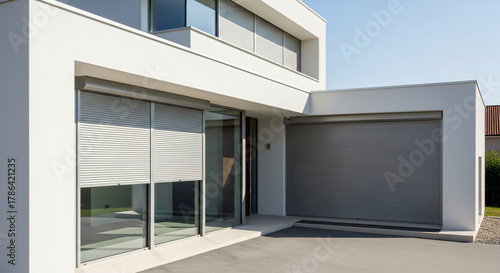 Sleek modern house exterior with electric roller shutters