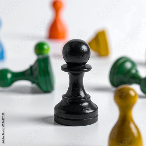 Black pawn standing amidst fallen colorful game pieces on white surface