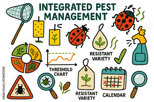 Integrated Pest Management Icons. Integrated pest management. Colorful Hand-drawn doodle Children illustration Integrated pest management scouting net, sticky