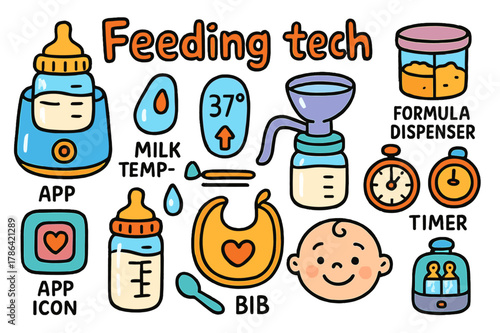 Colorful Baby Feeding Tech. Feeding tech. Colorful Hand-drawn doodle Children illustration Feeding tech bottle warmer, milk temperature display, formula