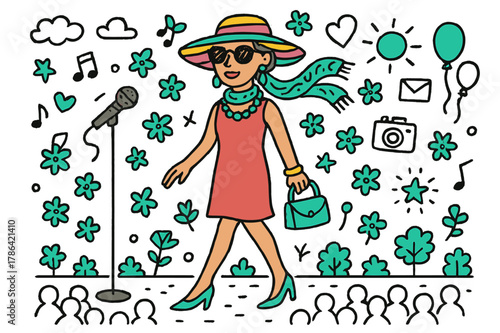 Colorful Fashion Extravaganza. Fashion design. A model wearing a bold and colorful outfit at an outdoor event. Hand-drawn doodle illustration A model wearing a