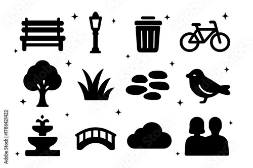 Park Icon Grid. Park Walk Path. Solid icons set of Park Walk Path: bench, lamp post, trash bin, bicycle, tree, grass, stone tiles, bird, fountain, bridge,