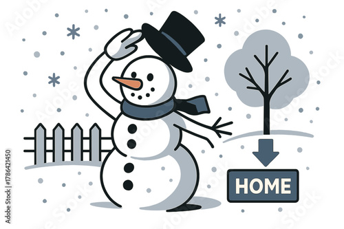 Snowman Minimalism. Snowman ? Minimal Yard. Clean fence lines and a single tree; the snowman tips a hat as flakes drift like confetti. A subtle arrow points to