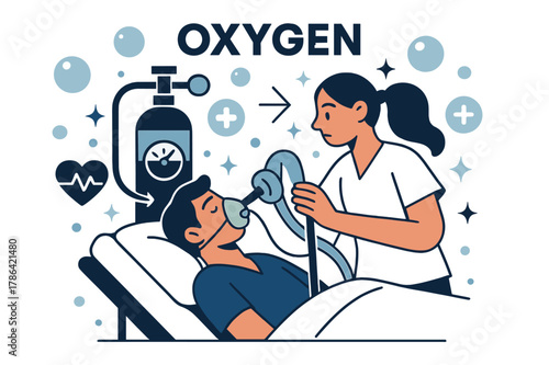 Oxygen Support Graphic. Oxygen. Oxygen supply in hospital ICU with abstract floating bubbles, icons, and sparkles; emphasizes healthcare, life-support, and