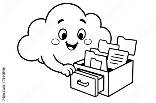 Cheerful Cloud Files. Online storage concept children?s coloring book illustration, outlined drawing, a cheerful cloud opening a small drawer full of simple