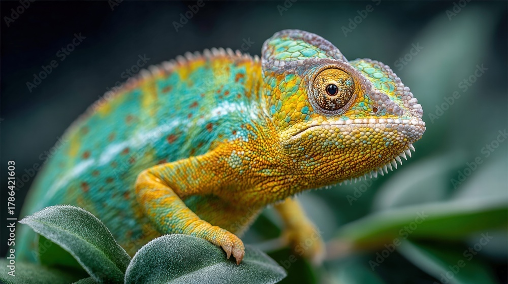 Fototapeta premium Vibrant chameleon perched on a leafy branch, showcasing its colorful skin.