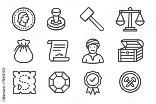 Ancient Coin Iconography. Ancient coins and trade. Line icon set of ancient coins: coin, mint stamp, hammer, scales, purse, scroll, merchant, chest, treasure