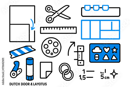 Dutch Door Doodles. // Dutch door & layouts. Hand-drawn doodle illustration Dutch door & layouts [cut-out flap (accented), scissors (accented), tab labels