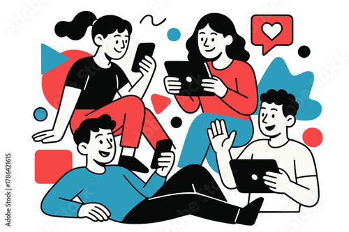 Digital Media Gathering. Media Consumption Habits. Group of friends watching content on tablets and phones with floating abstract geometric shapes, social and