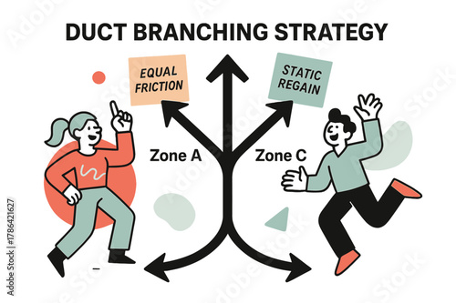 Duct Design Dynamics. Duct Branching Strategy. A Y-junction bursts into clean arrows, each path labeled ?Zone A / Zone B / Zone C.? Floating sticky-notes