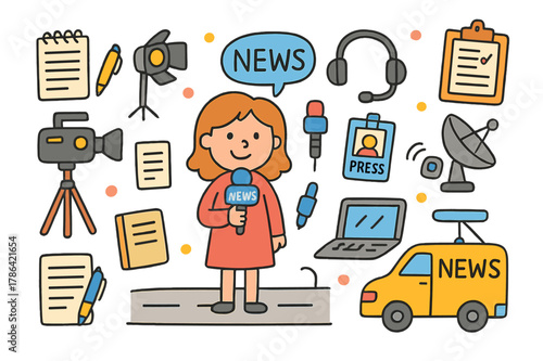 Children's News Doodles. news reporting. Colorful Hand-drawn doodle Children illustration news reporting reporter, camera, microphone, tripod, notebook, press