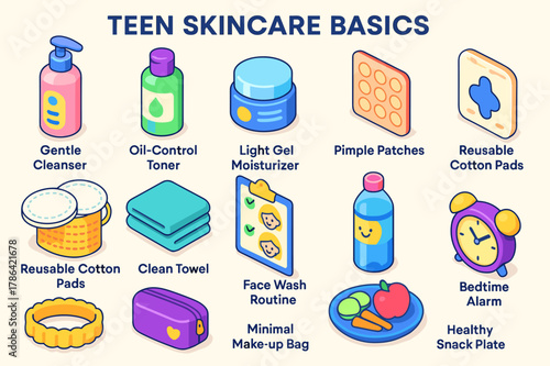 Teen Skincare Essentials. Teen skincare basics. Colorful isometric vector icons set of Teen skincare basics: gentle cleanser, oil-control toner, light gel