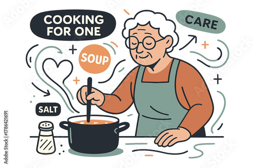 Heartfelt Cooking Scene. Elderly ? Cooking for One. A senior stirs a pot on an orderly counter; labels ?salt?, ?soup?, ?care? hover neatly. Steam curls into