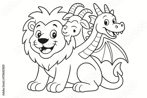 Friendly Chimera Coloring. Chimera children?s coloring book illustration, outlined drawing, a friendly mythical creature combining a lion, goat, and dragon