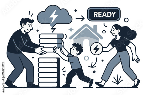Efficient Home Power. Battery storage & home backup. A family stacks sleek battery tiles like books; a lightning icon slides into ?Ready?. Power flows from a
