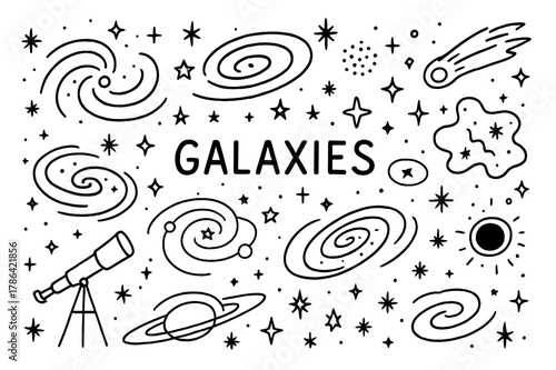 Galactic Doodle Icons. Galaxies. Hand-drawn doodle illustration galaxies spiral galaxy, elliptical galaxy, barred galaxy, stars, orbits, telescope, cosmic