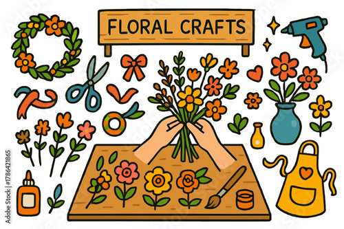Floral Crafts Station. Floral crafts booth. Colorful Hand-drawn doodle Children illustration Floral crafts booth wreath, scissors, ribbon, glue gun, dried