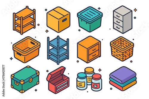 Colorful Storage Icons. Storage. Colorful isometric vector icons set of Storage: wooden shelf, cardboard box, plastic container, filing cabinet, storage bin,