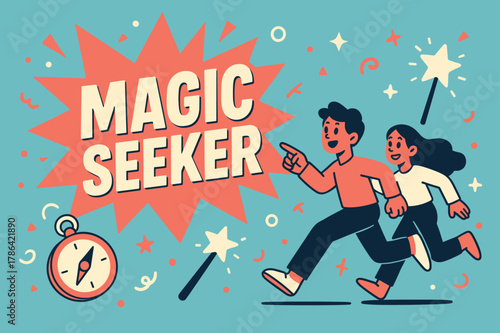 Magic Seeker Adventure. Magic seeker banner, flat vector illustration, bold oversized text inside splash explosion, cartoon characters running and pointing,