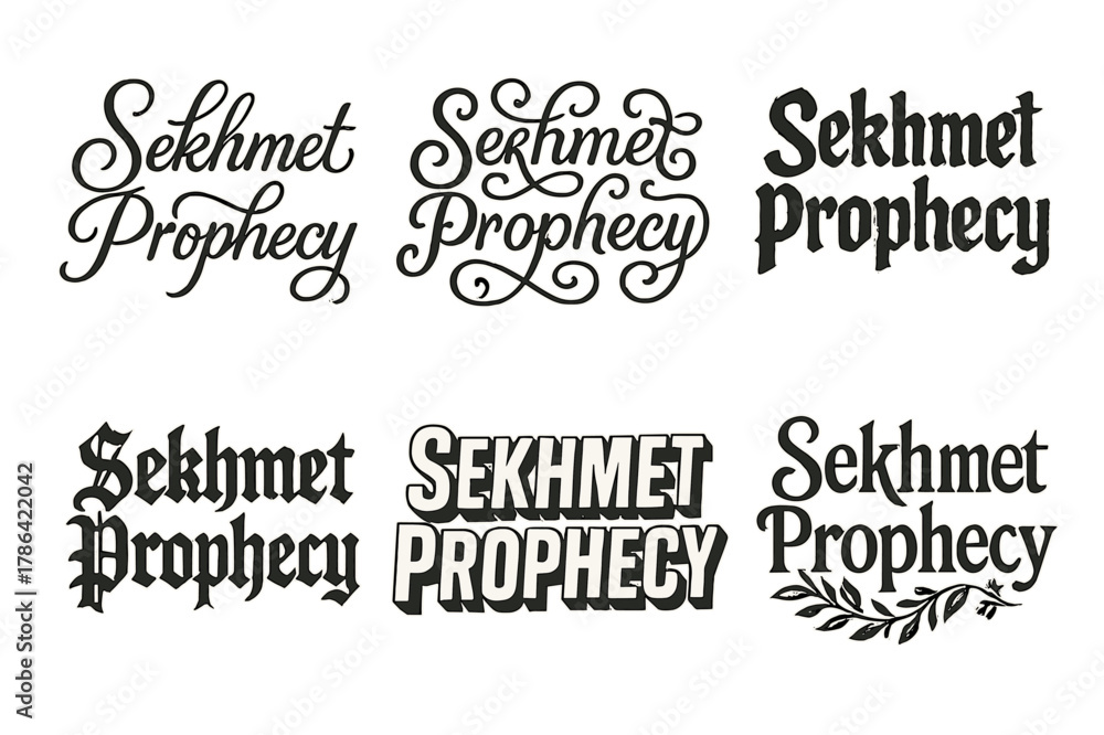 Fototapeta premium Sekhmet Lettering Variations. Sekhmet Prophecy. Set lettering. harmonious lettering variations of the same emblematic concept, each with different artistic