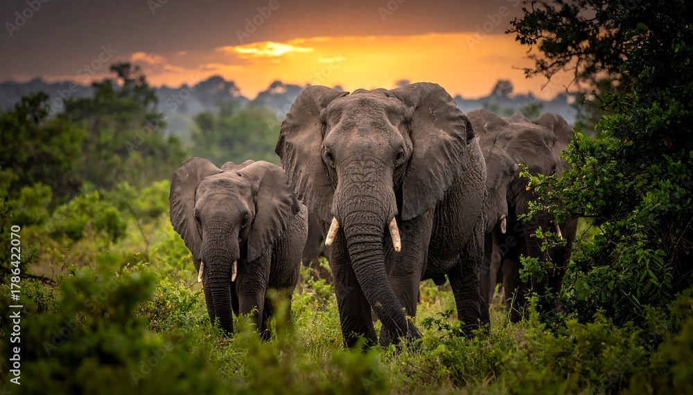 Fototapeta premium Majestic Elephants Roaming Freely in the African Savannah at Sunset.