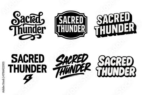 Sacred Thunder Variations. Sacred Thunder. Set lettering. harmonious lettering variations of the same emblematic concept (Whimsical curly type with flourishes,
