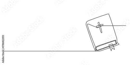Continuous one line drawing silhouette of Bible. Bible linear icon. One line drawing background. Vector illustration. Line art of Bible Editable stroke, Continuous one line drawing of Bible. Bible