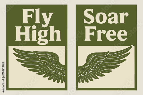 Freedom Banners. FREEDOM. Two vertical A6 banners with safe margins, centered composition, no elements touching edges, brutalist, olive green and cream, wings,