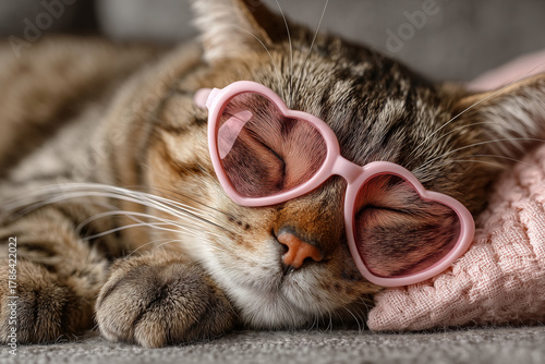 Cute tabby cat with pink sunglasses relaxing on cozy couch