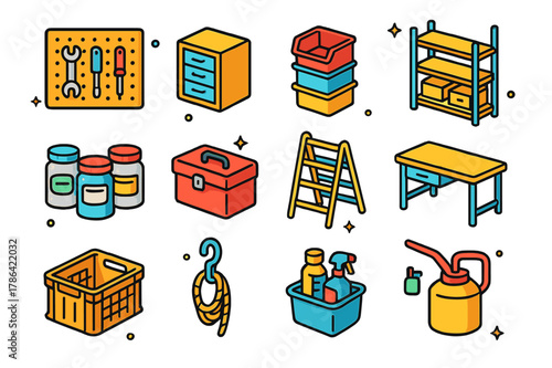 Isometric Garage Icons. Garage and workshop storage. Colorful isometric vector icons set of Garage and workshop storage: tool pegboard, drawers cabinet,