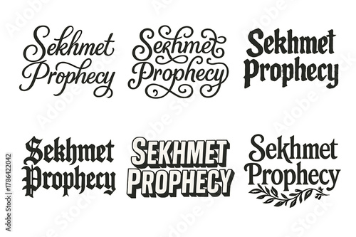 Sekhmet Lettering Variations. Sekhmet Prophecy. Set lettering. harmonious lettering variations of the same emblematic concept, each with different artistic
