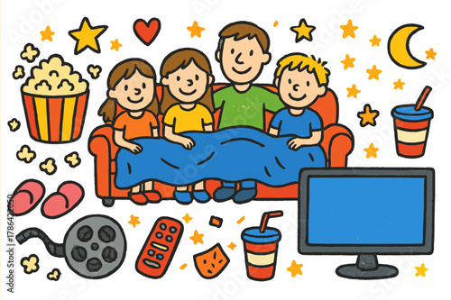 Family Movie Night. Family movie night. Colorful Hand-drawn doodle Children illustration Family movie night popcorn bowl, TV screen, couch, blanket, remote