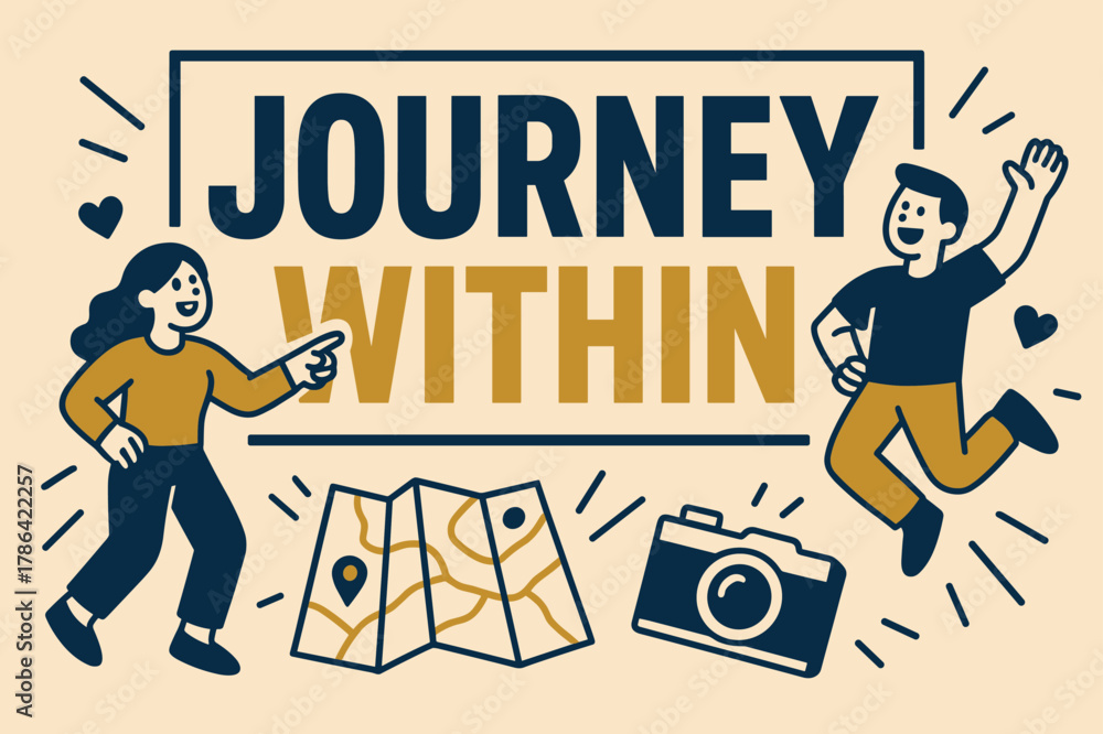 Naklejka premium Journey Within Adventure. Journey within banner, flat vector illustration, bold oversized text inside rectangular frame, cartoon characters pointing and