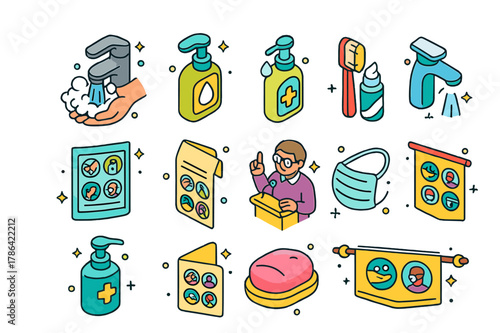 Hygiene Education Icons. Personal hygiene education. Colorful isometric vector icons set of personal hygiene education: handwashing, soap, sanitizer,