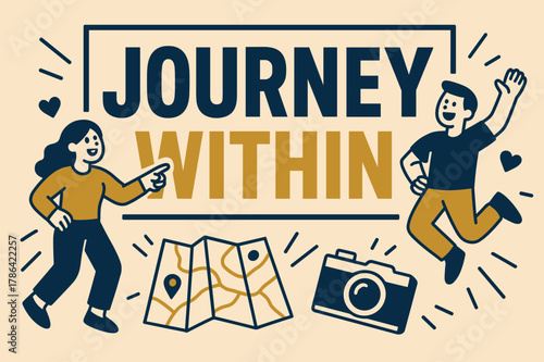 Journey Within Adventure. Journey within banner, flat vector illustration, bold oversized text inside rectangular frame, cartoon characters pointing and