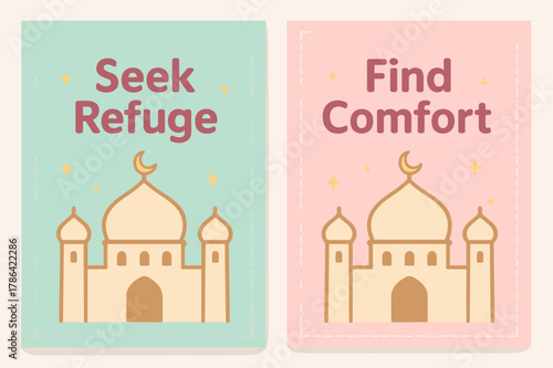 Seek Refuge, Find Comfort. Refuge in Him. Two vertical A6 banners with safe margins, centered composition, no elements touching edges, cartoon, pastel mint and