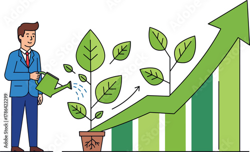 Businessman watering a plant, symbolizing investment, nurturing business growth, financial development, success, and an upward trend chart. Vector