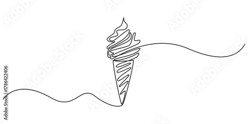 Continuous one line drawing of Ice cream gelato. Ice cream with cone in single line draw illustration, Ice cream on a stick and in a waffle cone in one continuous pattern.
