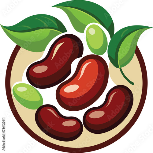 Bowl of Red Kidney Beans and Green Beans with Leaves