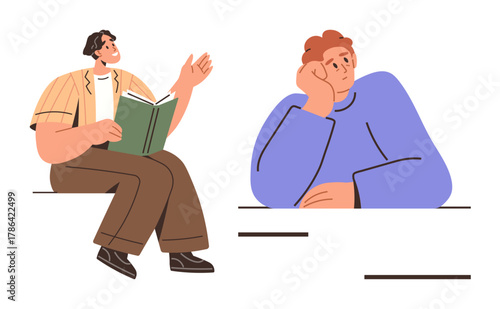 Person enthusiastically reading a book gestures while another rests chin in hand, appearing deep in thought. Ideal for education, communication, storytelling, interaction, focus, learning, ideas
