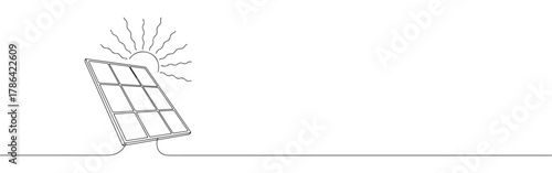Continuous line drawing of a solar panel with sun rays, symbolizing renewable energy and environmental technology, isolated on a white background